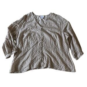 Plus Size Beige White Print Button Down Blouse Bishop Sleeve Casual Boho Wmns 2X